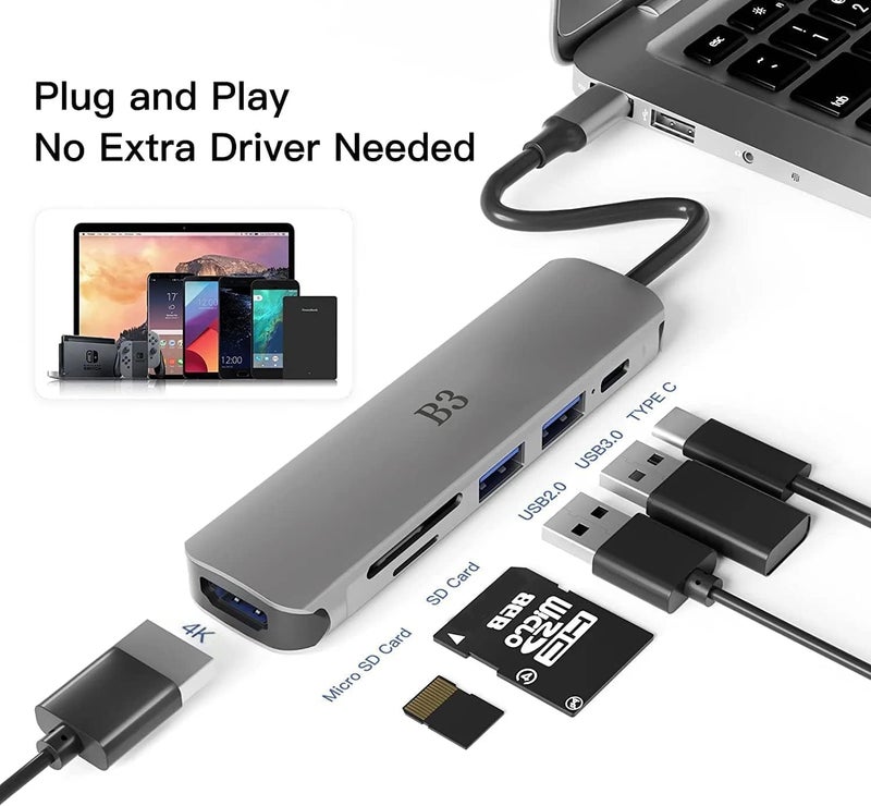 BIGTHREE USB C Hub 6-in-1 Multi-Port Adapter with 4K@60Hz HDMI, 100W PD, 2 USB A Data Ports, and SD/TF Card Reader – Aluminum Type-C Hub for MacBook Air/Pro M1/M2, iPhone 17 Pro Max, Surface Go, XPS, iPad - Image 2